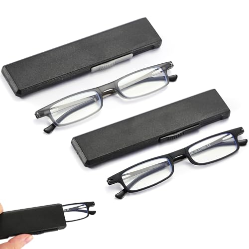 TOVEEN 2 Pack Compact Reading Glasses Anti Blue Light UV, Ultra-thin Slim TR90 Readers