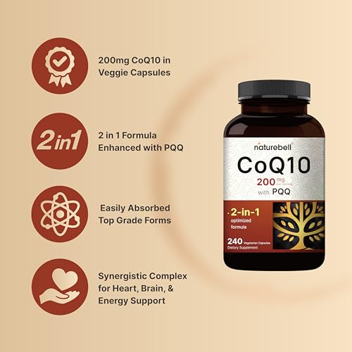 NatureBell CoQ10 (Ubiquinone) 200mg with PQQ, 240 Veggie Capsules | Stable High NatureBell