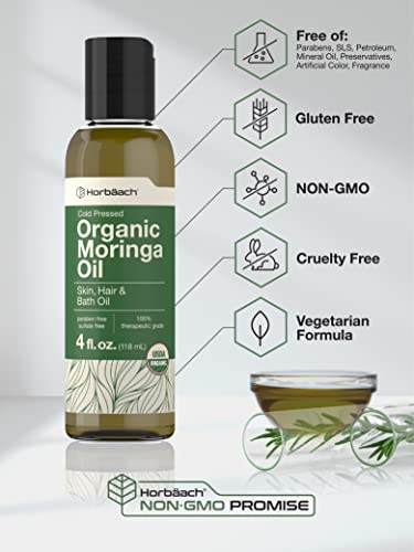 Organic Moringa Oil | 4 fl oz | for Face, Hair, and Skin | 100% Therapeutic Grade | Paraben Horbäach