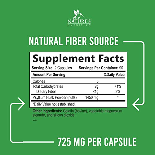 High Absorption Psyllium Husk Capsules 1450mg, Natural Soluble Fiber Supplement Non-GMO Nature's Nutrition
