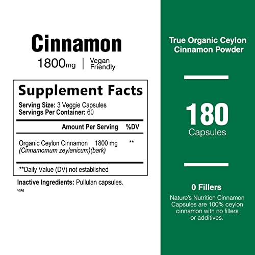 Pure Ceylon Cinnamon Capsules - Certified Organic Cinnamon Pills, Non-GMO, Dairy & Gluten Health Nutrition Naturals