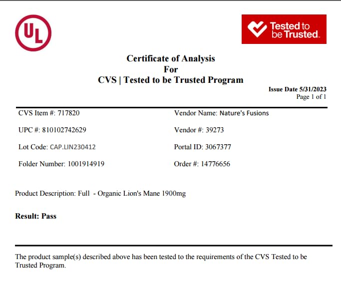 Nutri Organic Lions Mane Supplement Capsules - 1900 mg, 10:1 Dual Extraction, 120 Count Nature's Fusions
