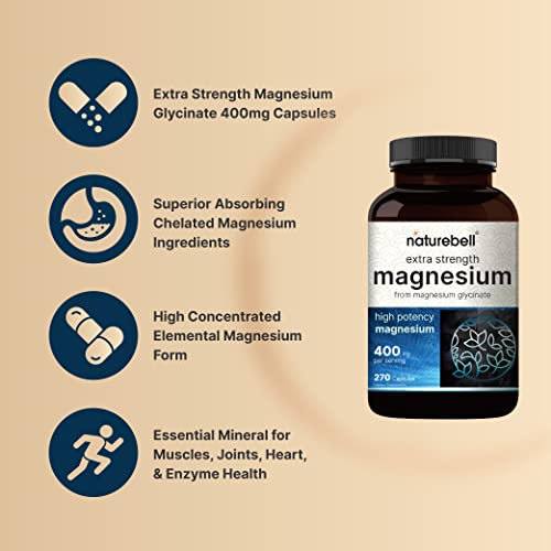 NatureBell Magnesium Glycinate 400mg (Elemental), 270 Capsules – 100% Chelated NatureBell