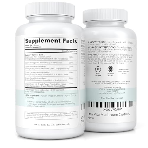 USDA Organic Lions Mane Supplement Capsules with Ashwagandha, Chaga, Reishi, Cordyceps Etta Vita