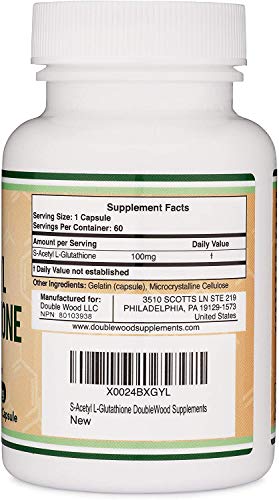 S-Acetyl L-Glutathione Capsules - 100mg, Manufactured and Tested in The USA, 60 Count Double Wood Supplements