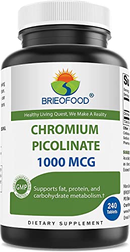 Brieofood Chromium Picolinate 1000 mcg Pills - 240 Tablets - 240 Servings - Non-GMO