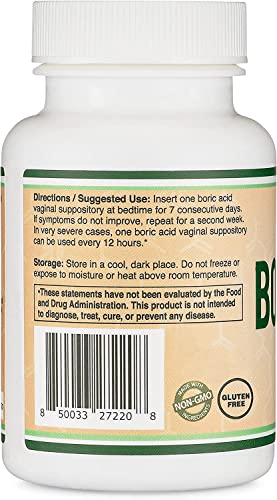 Boric Acid Vaginal Suppositories (600mg, 60 Count) Supports Vaginal pH Balance, Odor Control Double Wood Supplements