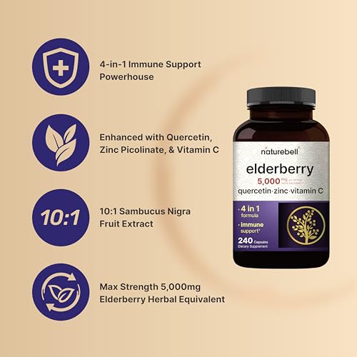 NatureBell Sambucus Elderberry Capsules, 5000mg Per Serving with Quercetin 500mg NatureBell