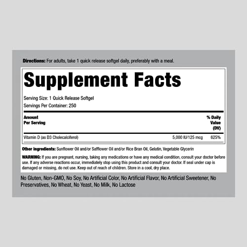 Piping Rock Vitamin D3 5000 IU | 250 Softgels | High Potency Supplement | Non-GMO Piping Rock