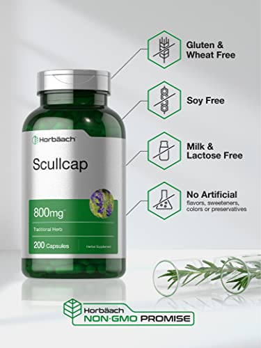 Scullcap Capsules | 800 mg | 200 Count | Max Potency, Value Size | Non-GMO and Gluten Horbäach