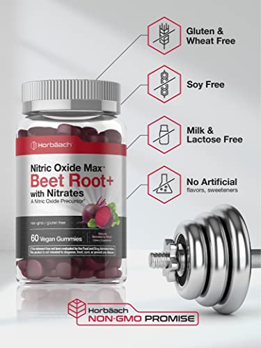 Nitric Oxide Beet Root Gummies | 60 Count | with Nitrates | Natural Strawberry Flavor Horbäach