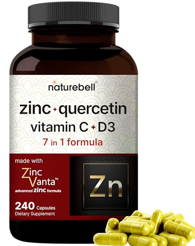 NatureBell Zinc Quercetin with Vitamin C & D3, 240 Capsules | Quercetin 1,000mg, 4 in 1 Zinc 50mg, Vitamin C 250mg, Vitamin D3 5,000 IU – ZincVanta Advanced Immune Defense & Lung Support NatureBell