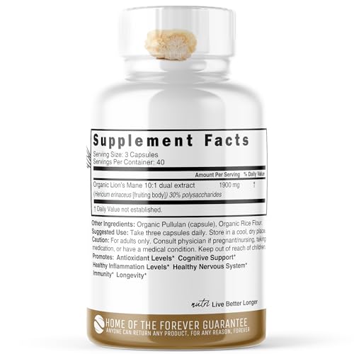 Nutri Organic Lions Mane Supplement Capsules - 1900 mg, 10:1 Dual Extraction, 120 Count Nature's Fusions