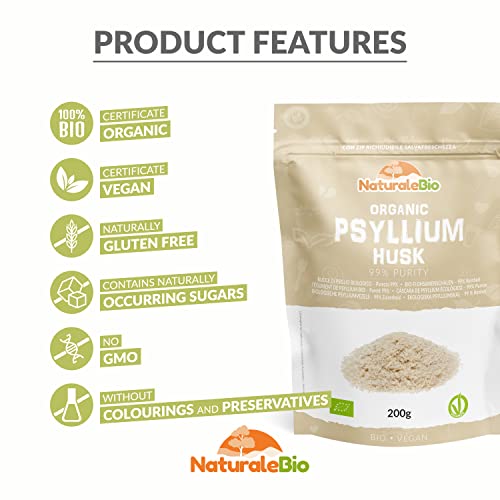Organic Psyllium Husk - 99% Purity - 200g. Pure & Natural Psyllium Seed Husks NaturaleBio