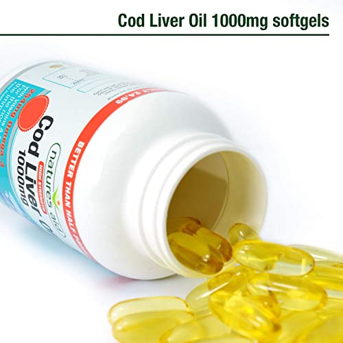 Natures Aid Cod Liver Oil, 1000 mg, 180 Softgel Capsules (High Strength, 254 mg Omega natures aid