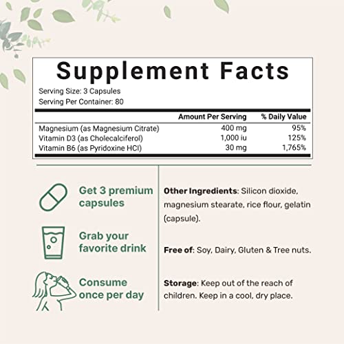 Magnesium Citrate 400mg with Vitamin D3 1000IU & B6, 240 Capsules Micro Ingredients
