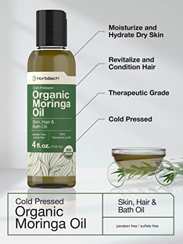 Organic Moringa Oil | 4 fl oz | for Face, Hair, and Skin | 100% Therapeutic Grade | Paraben Horbäach
