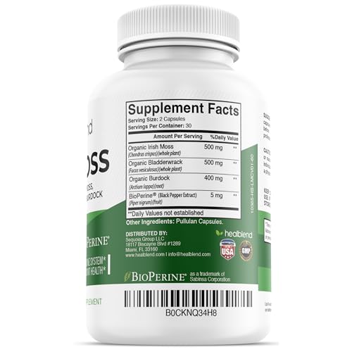 healblend Organic Irish Moss, Bladderwrack, Burdock, & BioPerine - 1405mg with Black Pepper healblend