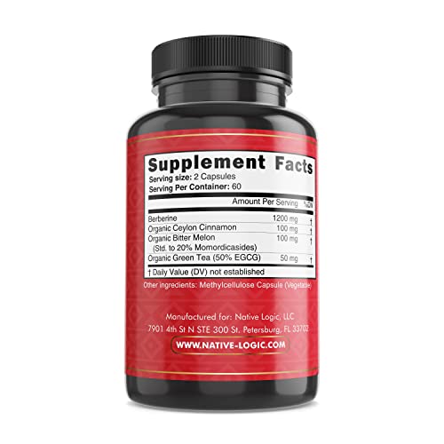 Native Logic Berberine HCL 1200mg with Ceylon Cinnamon, Bitter Melon, and Green Tea Native Logic