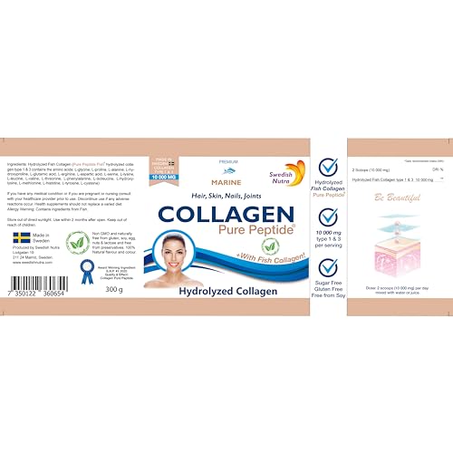 Swedish Nutra Powder Marine Collagen - Pack of 300g, 30 Day Supply | Minimize Fine Lines, Wrinkles & Improve Skin Elasticity | High Absorption Rate Swedish Nutra