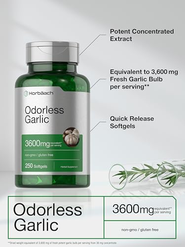 Odorless Garlic Softgels | 250 Count | Ultra Potent Garlic Extract | Non-GMO & Gluten Free Horbäach