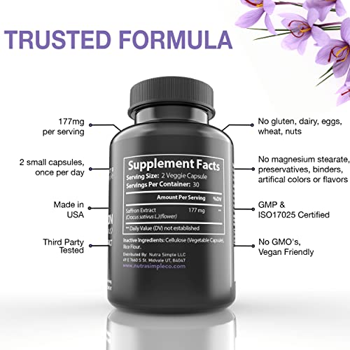 Nutra Simple Saffron Supplements 177mg, Pure Saffron Extract, Made in USA, Natural Nutra Simple