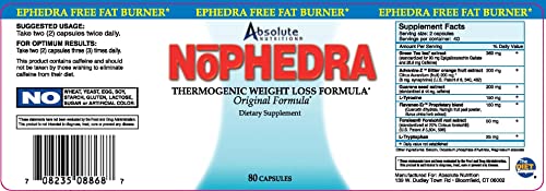 Absolute Nutrition Thermogenic Fat Burners, Nophedra Capsules, 80 Count Bottle