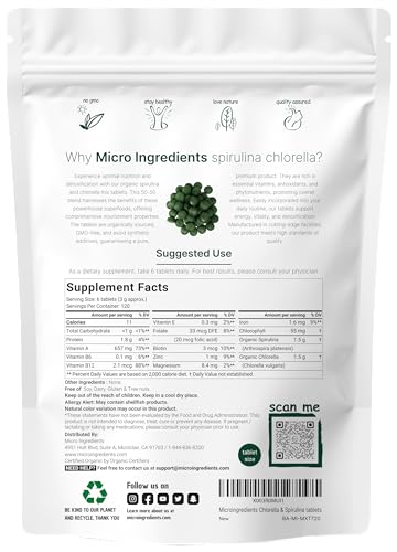 Organic Chlorella Spirulina Tablets, 3000mg Per Serving, 720 Counts, 4 Months Supply Micro Ingredients