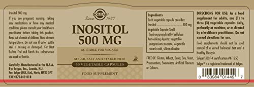 Solgar Inositol 500 mg Vegetable Capsules - Vitamin B8 - Vegan, Vegetarian, Kosher SOLGAR