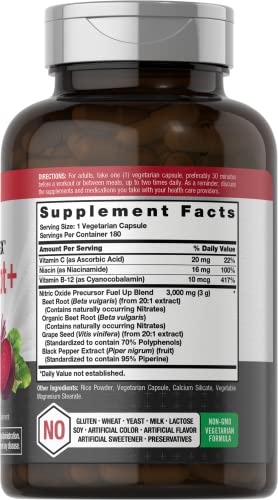Nitric Oxide Beet Root Capsules | with Nitrates | 180 Count | Nitric Oxide Precursor | Vegetarian Horbäach