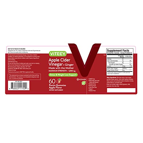 Apple Cider Vinegar Gummies 1,000mg Plus Ginger, ACV with The Mother, Detox Cleanse Viteey