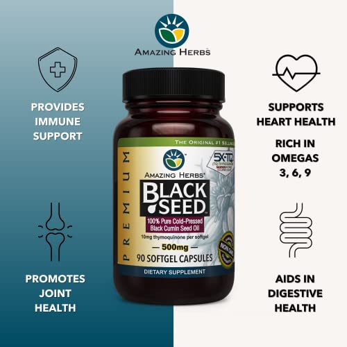 Amazing Herbs Premium Black Seed Oil Capsules - Cold Pressed Nigella Sativa Aids Amazing Herbs
