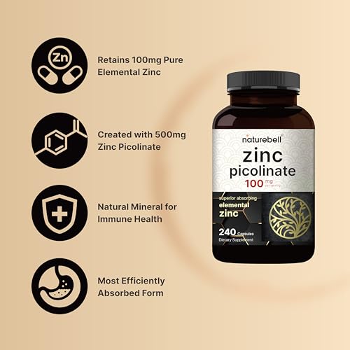 High Potency Zinc Picolinate 100mg - 240 Capsules, Bioavailable Form of Zinc NatureBell