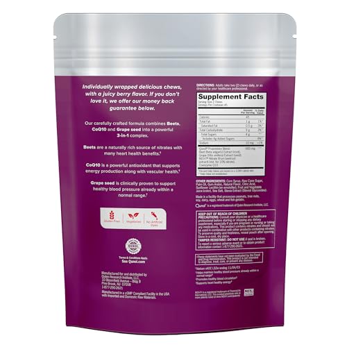 Qunol Beets Chews for Blood Pressure Support, 3 in 1 Beets + CoQ10 + Grape Seed Extract Qunol