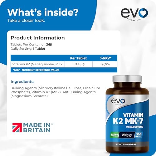 EVO NUTRITION Vitamin K2 MK-7 200mcg | 365 Vegetarian and Vegan Tablets EVO NUTRITION
