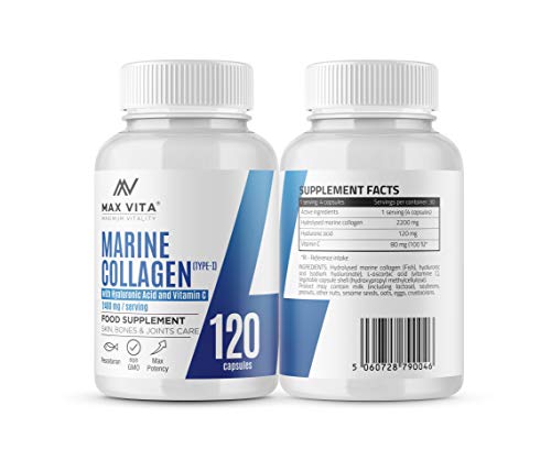 Marine Collagen Type 1 2400mg - 120 Capsules Supplement with Hyaluronic Acid and Vitamin C MAX VITA MAXIMUM VITALITY