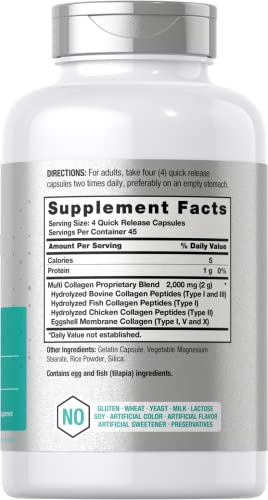Multi Collagen Protein 2000 mg | 180 Capsules | Type I, II, III, V, X | Collagen Peptide Pills Horbäach