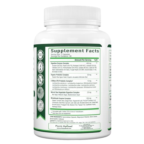 Purely Optimal Premium Digestive Enzymes Plus Prebiotics & Probiotics - for Better Digestio Purely Optimal