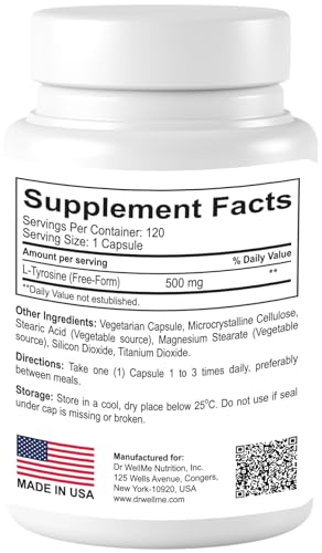 Dr.WellMe L-Tyrosine 500mg Capsules, Dietary supplements-120 Capsules DR WELLME NUTRITION