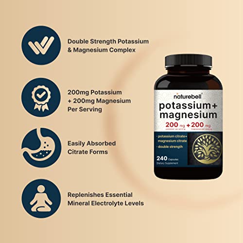 Potassium Magnesium Supplement – 200mg + | 240 Capsules Easily Absorbed Citrate NatureBell