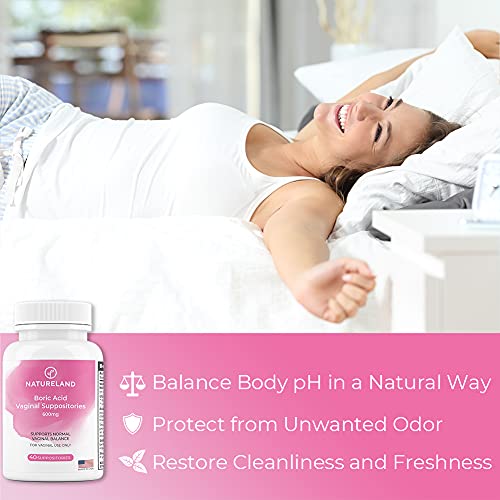 Natureland 40 Count, 600mg Boric Acid Vaginal Suppositories, Made in USA, Restore pH Balance Natureland