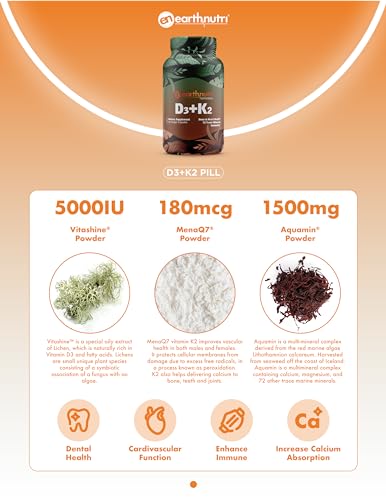 EarthNutri D3 + K2 Bone & Heart Health - 72 Trace Minerals, Vitamin D3 Vitashine, MENA EarthNutri
