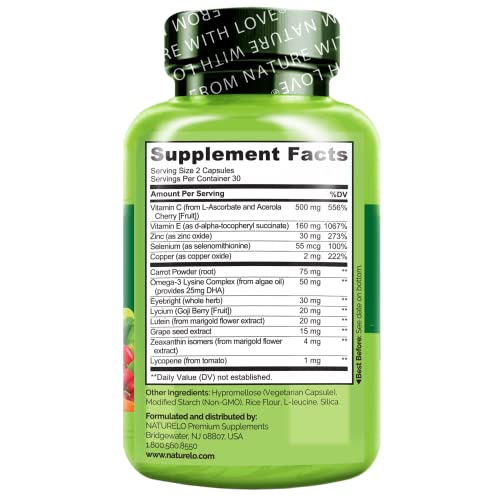 NATURELO Eye Vitamins - AREDS 2 Formula Nutrients with Lutein, Zeaxan NATURELO