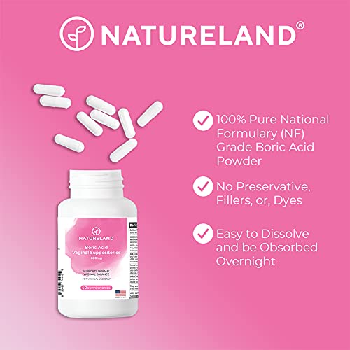Natureland 40 Count, 600mg Boric Acid Vaginal Suppositories, Made in USA, Restore pH Balance Natureland