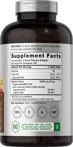 Keto MCT Oil Capsules 3600mg | 300 Softgels | Coconut Oil Pills | Non-GMO and Gluten Horbäach