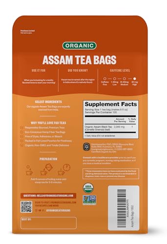 FGO Organic Assam Tea, Eco-Conscious Tea Bags, 100 Count, Packaging May Vary FGO