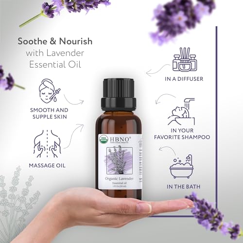 HBNO Organic Lavender Essential Oil - 1 oz (30ml) Value Size - USDA Certified Organic Lavender HBNO