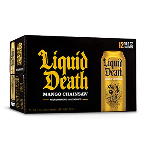Liquid Death Flavored Sparkling Water with Agave, Mango Chainsaw, 16.9 oz Tallboys Liquid Death
