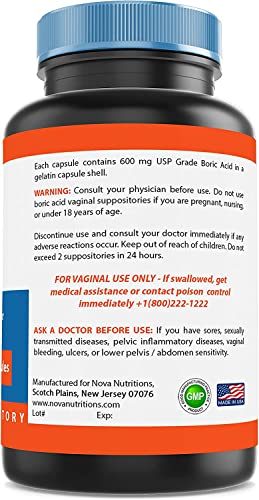 Nova Nutritions Boric Acid Vaginal Suppositories - 100% Pure Made in USA - USP Medical Grade Fine Powder Nova Nutritions
