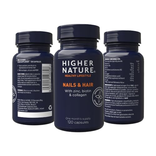 Higher Nature - Nails & Hair - Contains Zinc, Biotin & Collagen - Supports Beautiful Skin - 120 Capsules HIGHER NATURE